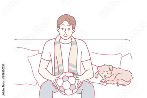 man holding soccer ball on couch relaxing beside sleeping dog minimalist line illustration soft pastel tones casual sweatshirt throw pillow simple home interior cozy atmosphere weekend fan