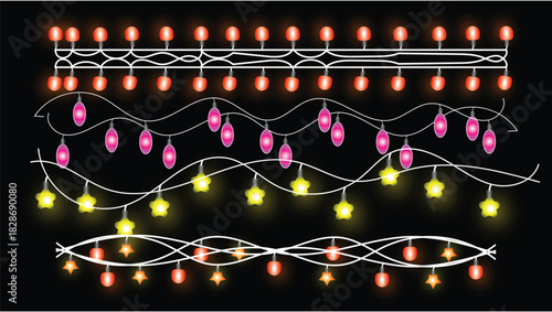 Set of String Lights Warm Lamps Garlands holiday garland with glowing light Sun; Stars and Little Bulbs Festive Decorations on Black Background Vector