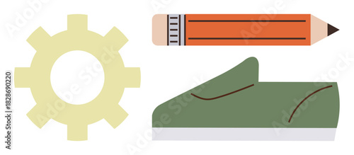 Gear, pencil, and shoe represent creativity, innovation, and an active lifestyle. Ideal for productivity, education, teamwork design invention exercise planning themes. Simple flat metaphor