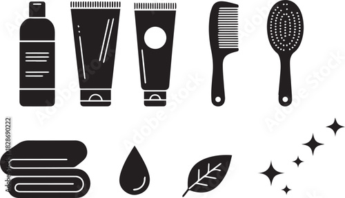 Bathroom essentials and personal care products for hygiene routine in black