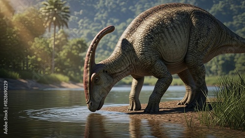 Parasaurolophus Dinosaur Drinking Water in Lush Prehistoric Environment.