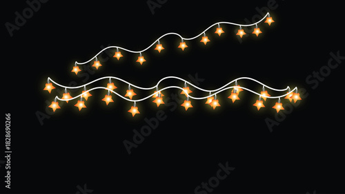 Set of String Lights Warm Lamps Garlands holiday garland with glowing light Sun; Stars and Little Bulbs Festive Decorations on Black Background Vector