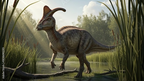 Parasaurolophus in a prehistoric swamp, sunlight filtering through reeds.