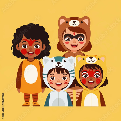 Group of children wearing colorful animal costumes posing playfully against a bright yellow backdrop.