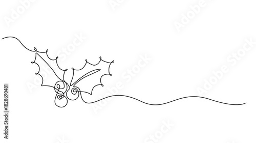 Video. Mistletoe holly drawing with one continuous line, Christmas plant in continuous line drawing style. Line art of holly leaves with berry. Vector illustration. Abstract background, full length 4k
