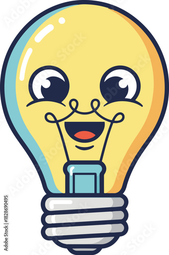 A cheerful, cartoon-style illustration of an anthropomorphic lightbulb character featuring large eyes, a wide smile, and a quirky curly mustache, symbolizing a bright idea.