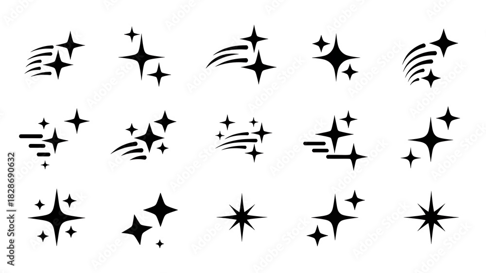 Fototapeta premium Vector black star and sparkle icons set, isolated on white. clean shiny starburst shapes, glow symbols, design elements for graphic projects.