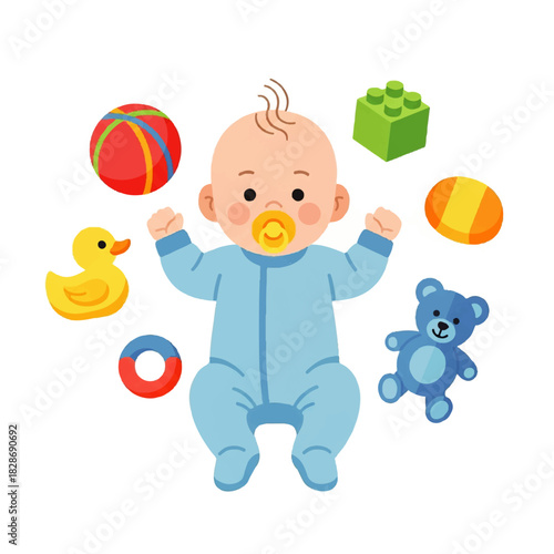 Adorable infant surrounded by colorful toys including blocks, ball, duck, teddy bear and pacifier.