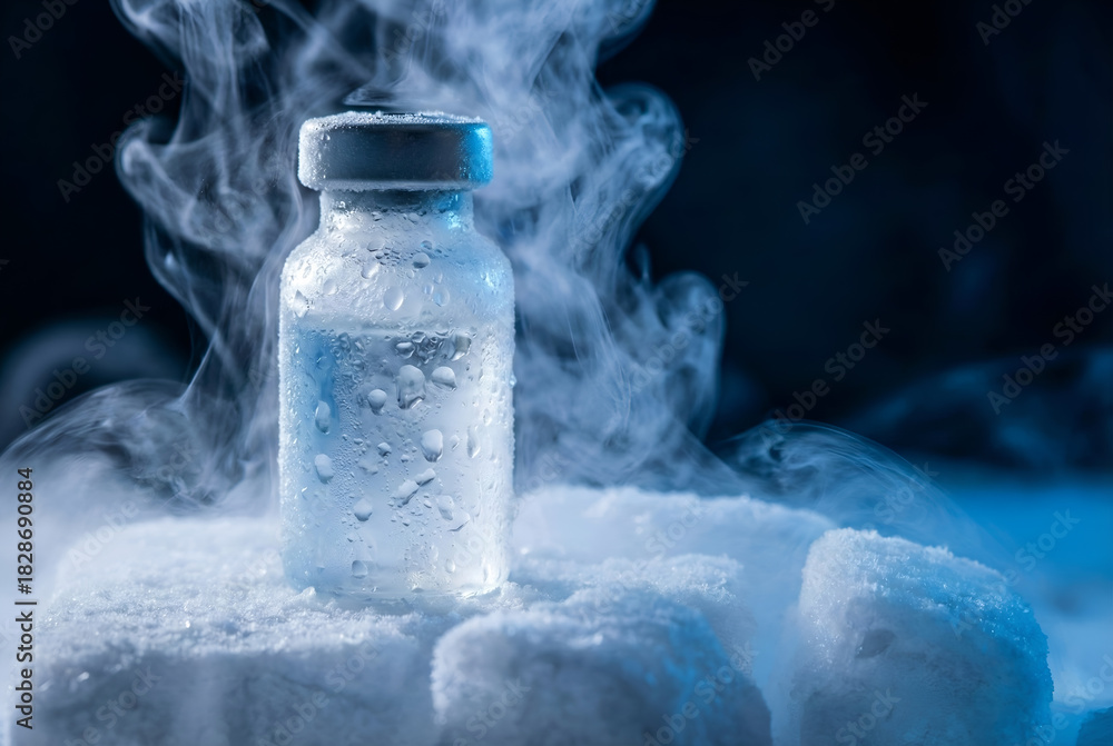 Fototapeta premium Cold Chain Logistics: Frozen Vaccine Vial with Liquid Nitrogen Vapor