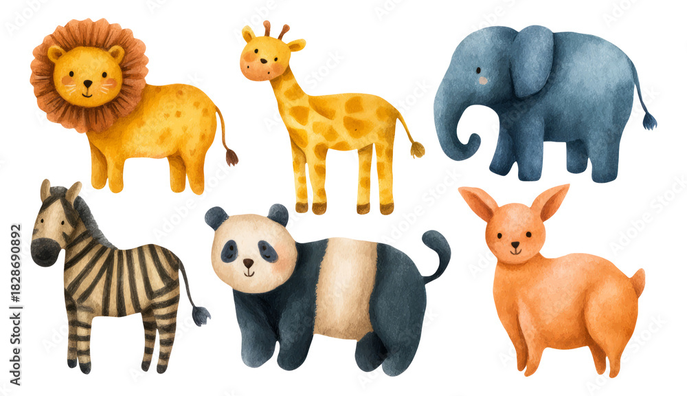 Obraz premium Cute Cartoon Animals Collection with Lion, Giraffe, Elephant, Zebra, Panda, and Bunny