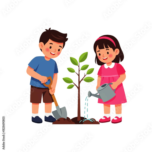 Two Children Planting a Sapling Together in the Garden for Education and Growth.