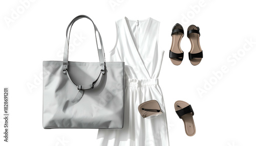 White dress, grey tote, and black sandals lay on a neutral backdrop