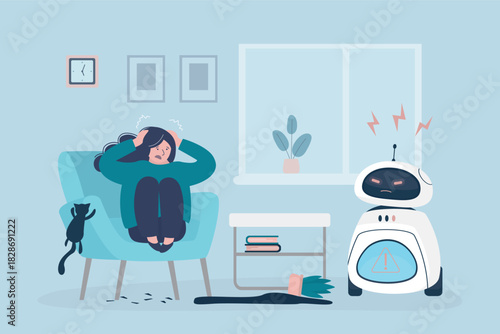 Robot broken and is breaking things without control. Shocked and frightened female consumer sits in chair. Household robot making mistakes and malfunctioning.