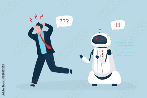 Robot broken without control and want catching user. Shocked and frightened male consumer run away. Household robot making mistakes and malfunctioning.