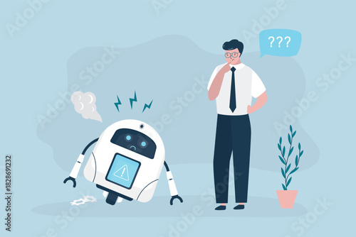 System malfunction, broken assistant, short circuit. Broken AI robot with error and smoke rising, while panicked businessman or unhappy owner reacts.