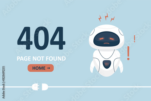 Website page not found. Wrong URL address error 404. Broken robot character, sockets off. Site crash on technical work. Web design template with chatbot mascot