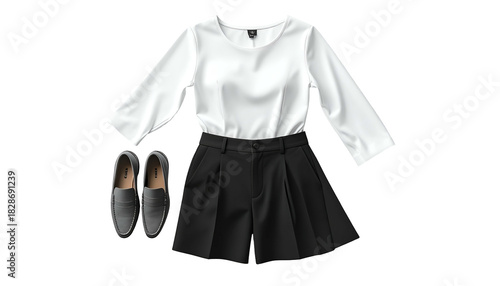 Coordinated outfit white blouse, black shorts, gray loafers