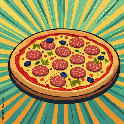 Pizza mit Salami - Cartoon Comic Stil