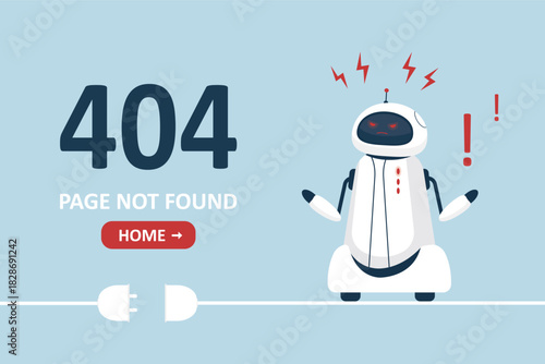 Website page not found. Wrong URL address error 404. Broken robot character, sockets off. Site crash on technical work. Web design template with chatbot mascot