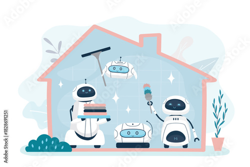 Robot assistant work at home. Automated helpers cleaning room, ironing, carrying laundry. Smart ai machine housewife, robot assistant cleaner, helper.