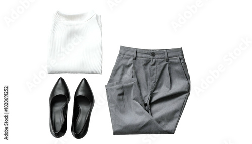 Outfit White top, grey pants, black shoes on a black background
