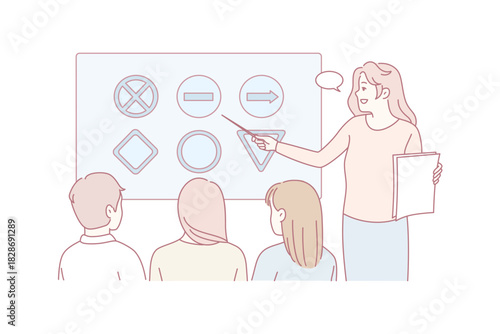 white female teacher pointing at board while teaching shapes to students, small group facing chart, teacher