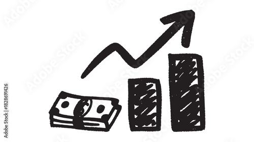 Hand drawn graph showing growth with money simple vector illustration for business and finance concepts isolated on white background