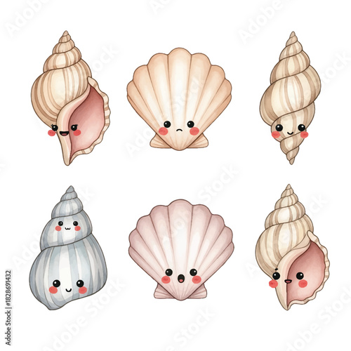 Cute Kawaii Scallop and Conch Sea Shell Clipart Set