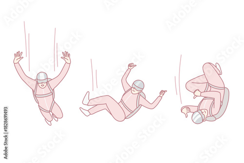 Happy person in protective suit falling down from sky with parachute. Concept of free falling. Extreme sport. Flat vector illustration.
