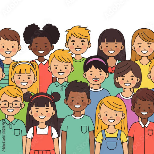 Diverse group of smiling children standing together in a colorful scene.