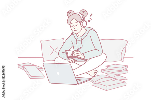 student studying with laptop and notebooks surrounded by books and notes on bed, cozy late-night study session with coffee and scattered papers, focused learning and exam preparation