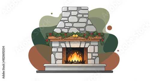 Festive fireplace illustration adorned with holiday decorations and warm flickering flames