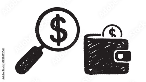 Hand drawn dollar sign with magnifying glass and wallet with coin vector illustration for finance and investment concepts