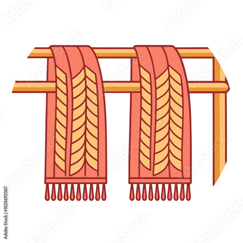 Colorful Woven Cloth Hanging on Wooden Rack in Clean Vector Illustration