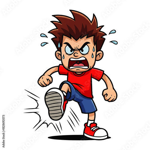 Angry Cartoon Boy Sprinting Forward in Red Shirt and Blue Shorts.