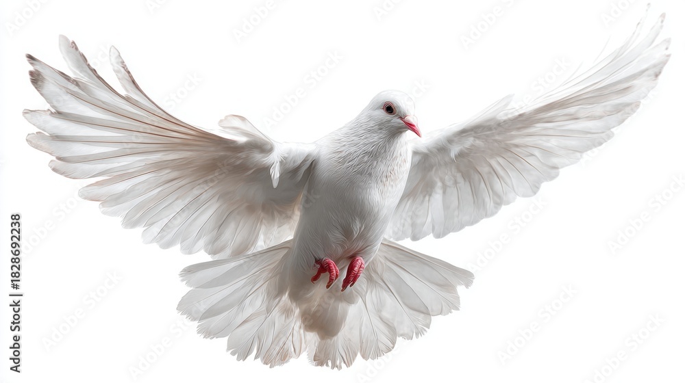 Fototapeta premium A white dove soars through the air its wings fully extended. The sunlight highlights the feathers creating a serene and beautiful scene that captures the essence of freedom.