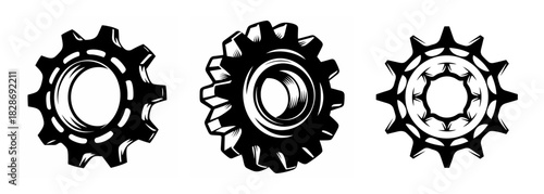 Collection of three distinct rough-edged gear icons with a handcrafted sketch aesthetic suitable for technical designs