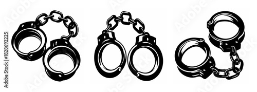 Collection of metal handcuffs and shackles showing restraint and confinement equipment