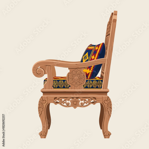 Artistic illustration of a carved wooden chair adorned with a woven cushion