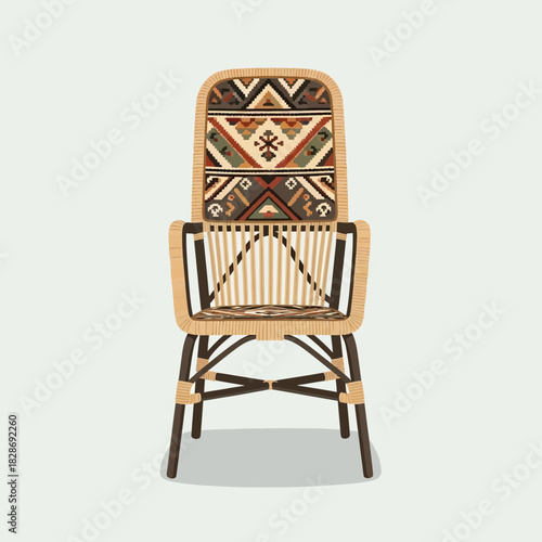 Artistic Rattan Chair with Intricate Textile Patterned Backrest Illustration