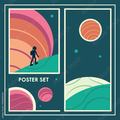 Retro space poster set with astronaut planets and abstract landscapes in muted colors vector illustration