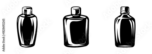 Three classic shampoo bottle designs showing varying shapes and styles for personal care products