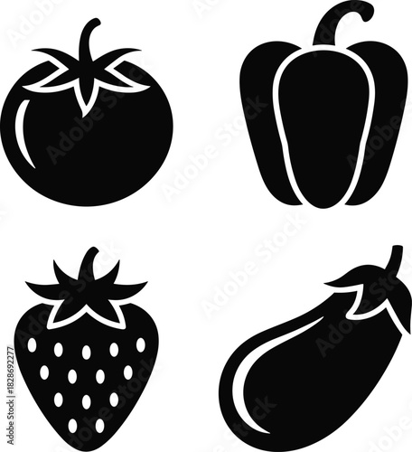 Four silhouette icons of fresh produce tomato bell pepper strawberry and eggplant