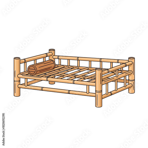 Bamboo constructed minimalist bed illustration with bolster pillow element