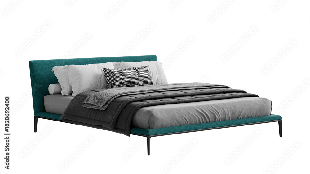 Obraz premium Modern double bed on an isolated background. Furniture for collages, graphics designs, and presentations.