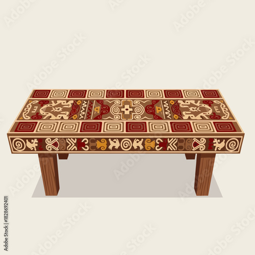 Elaborate tribal table with intricate, colorful pattern and detailed design