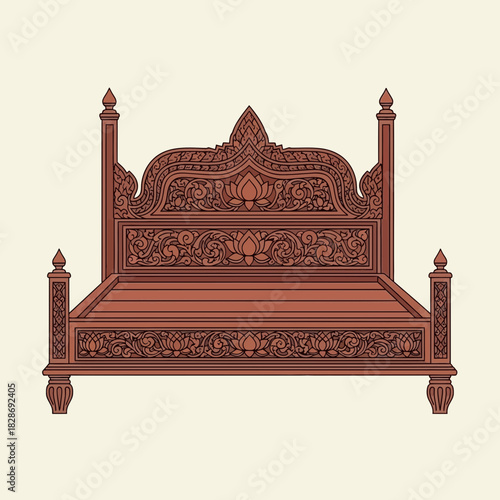 Elaborate wooden bed frame with intricate carvings and regal aesthetic