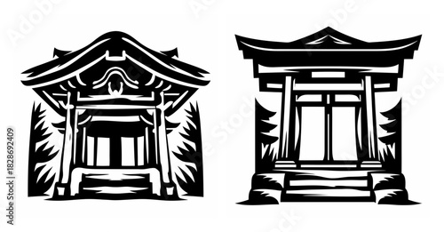 Two japanese shinto shrine buildings artistic woodblock style black and white imagery