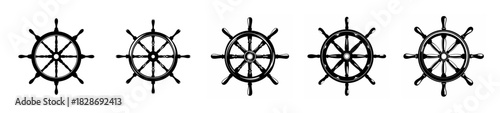 Five nautical ship wheels arranged in a row symbolizing maritime control and direction for seafaring adventures