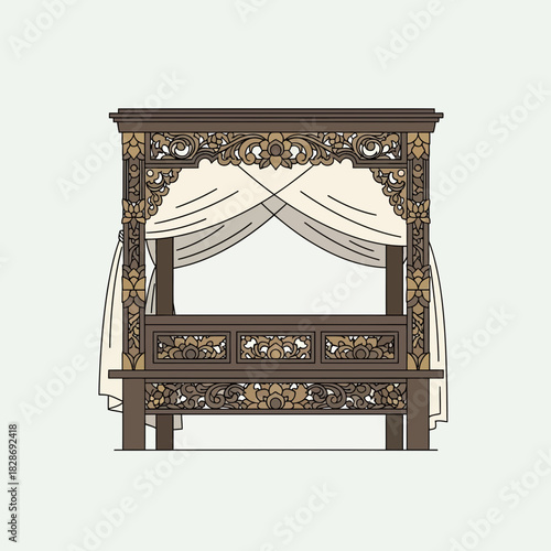 Elaborately Carved Four Poster Bed with Delicate Draping Illustration